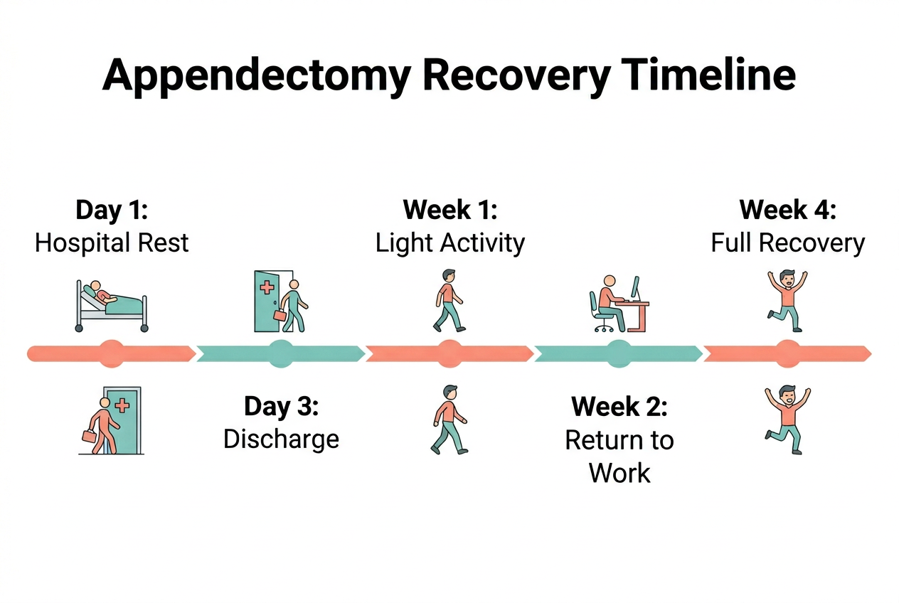Post-appendectomy recovery care infographic showing timeline from day 1 to week 4