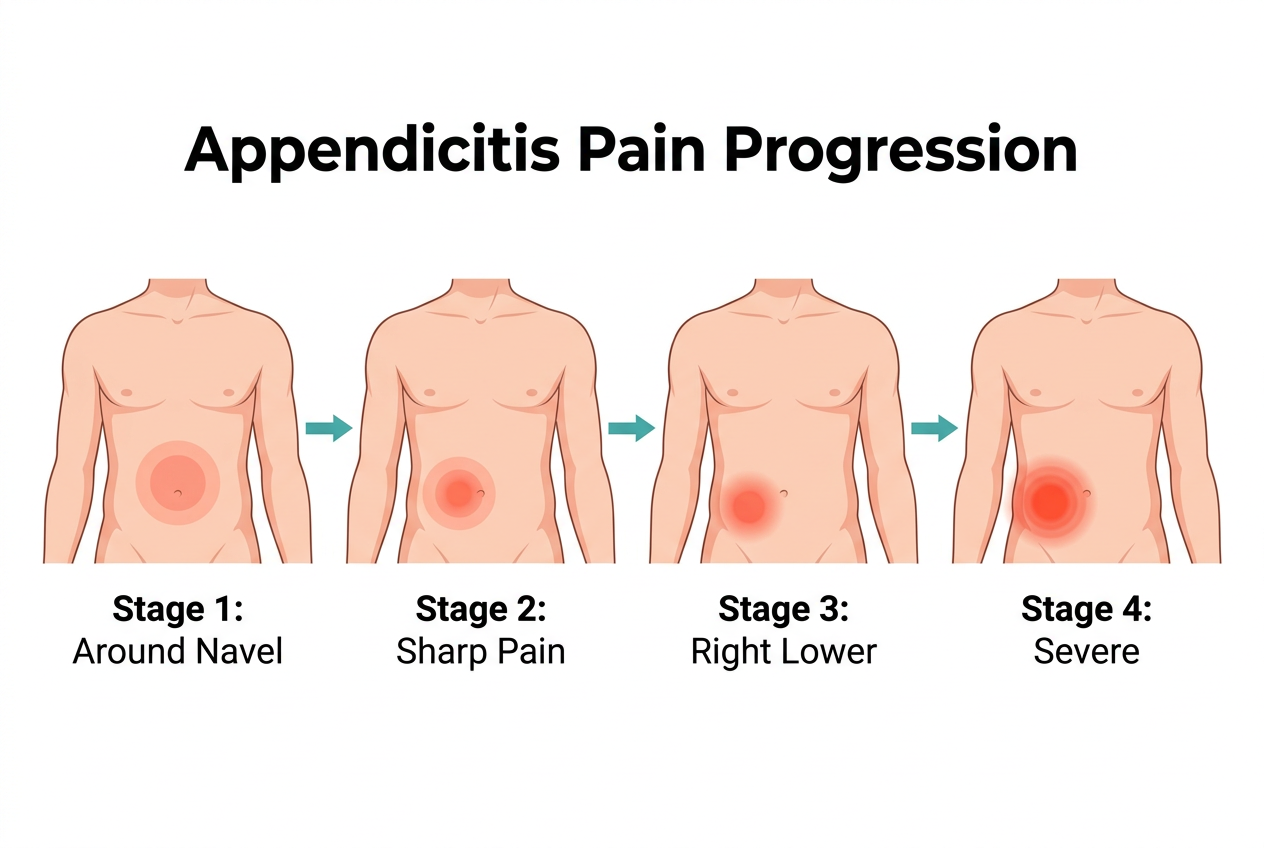 Diagram of appendicitis pain progression from belly button to lower right abdomen