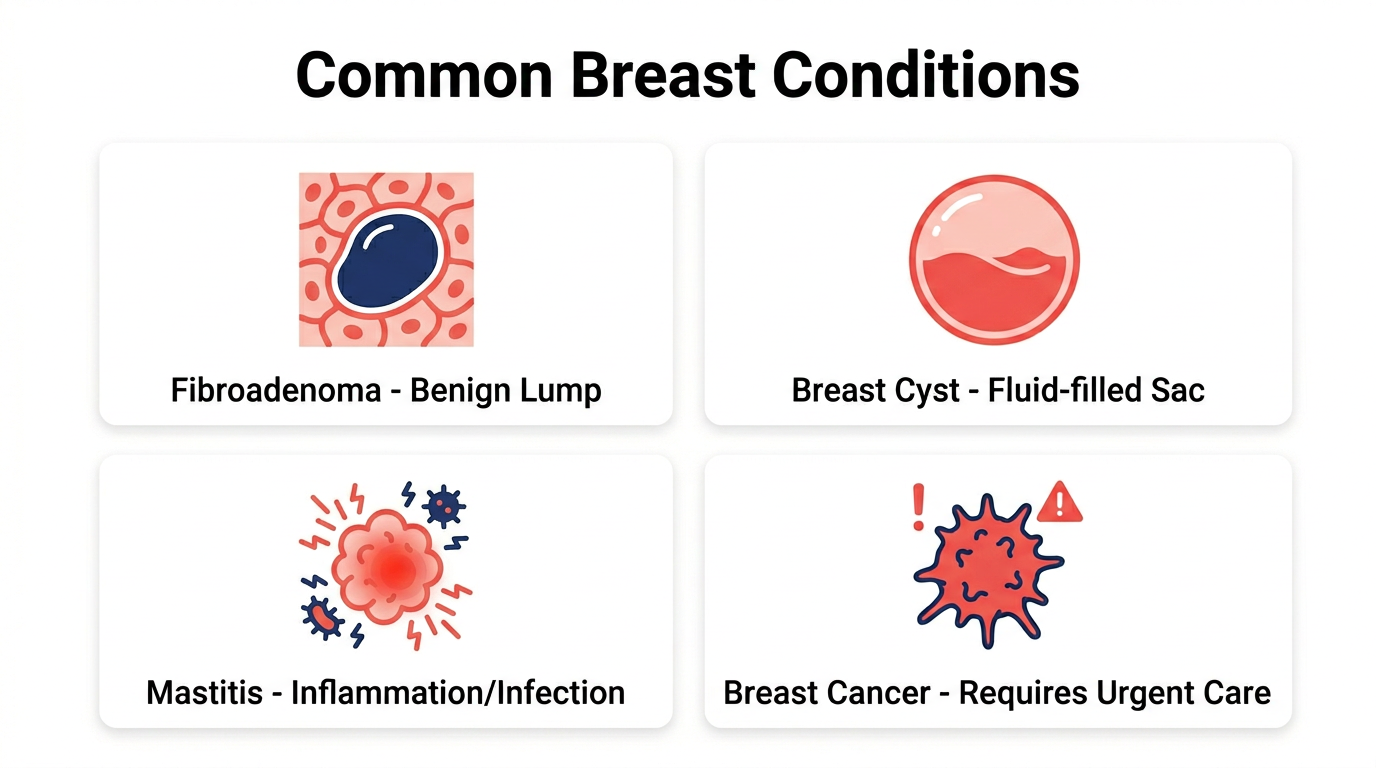 Overview of common breast conditions treated by general surgeons — fibroadenoma, breast cysts, mastitis, and breast abscess medical diagram