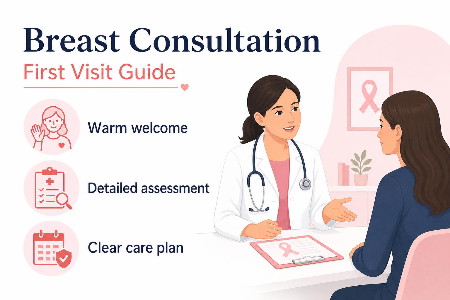 Female patient consulting with a female general surgeon for breast health evaluation in a professional clinical setting in Dubai