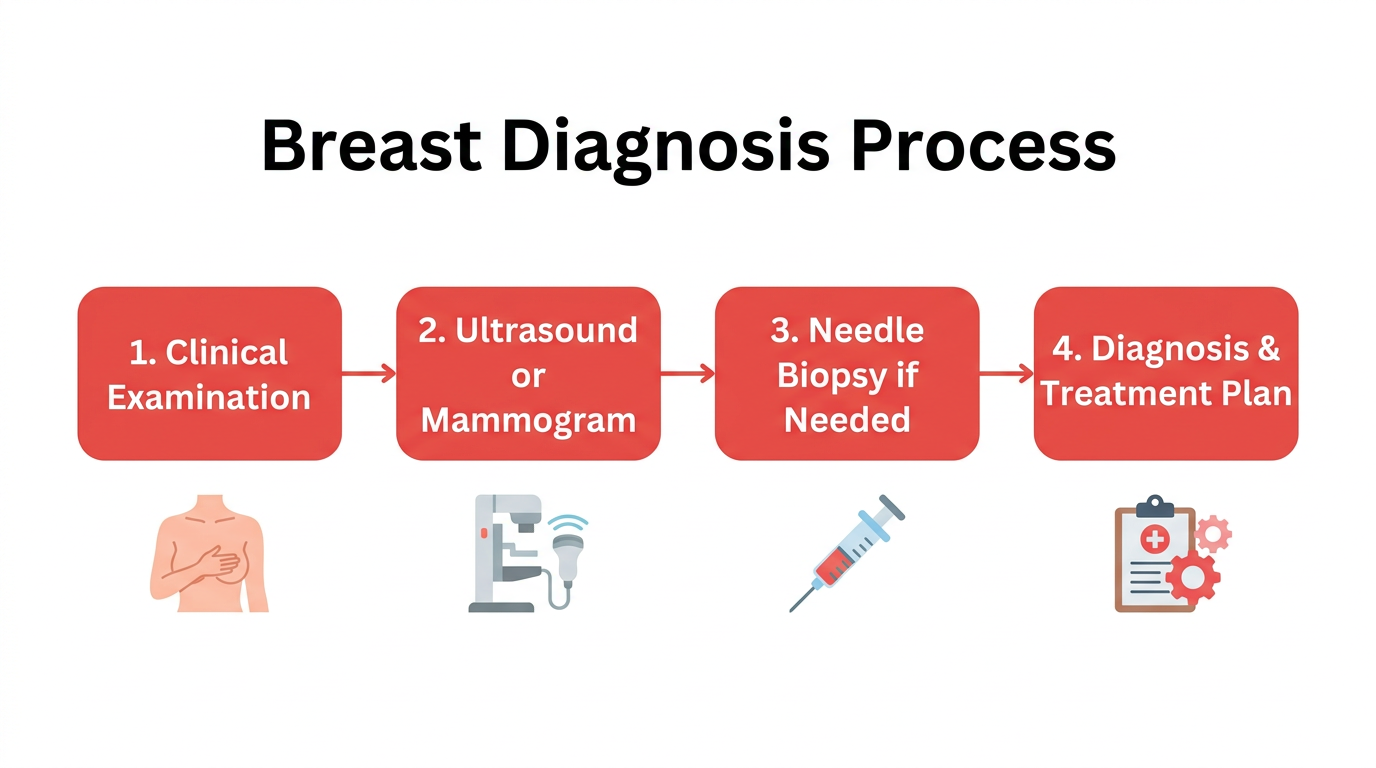 Step-by-step breast diagnostic process — clinical examination, imaging (ultrasound/mammogram), biopsy, and treatment planning flowchart