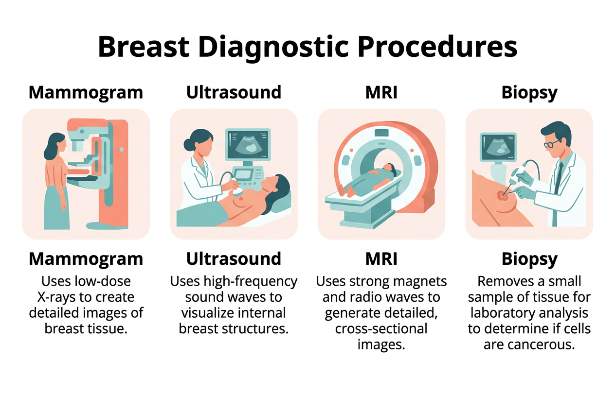 Breast diagnostic procedure illustration showing ultrasound, mammography, and biopsy equipment
