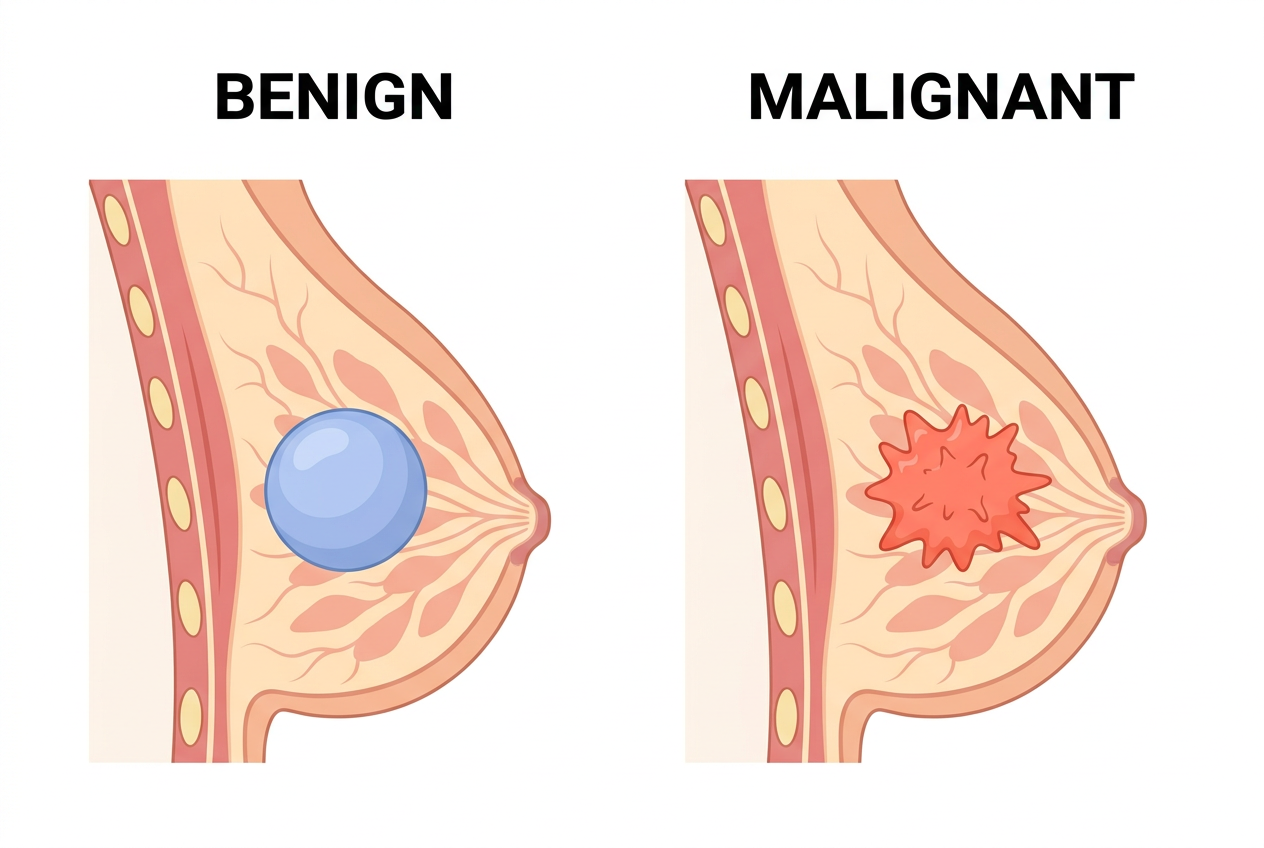 Breast lump diagram – benign vs malignant comparison showing differences in shape, borders and tissue