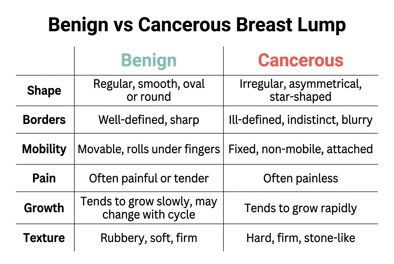Comparative chart of benign vs malignant breast lumps showing key differences in texture, mobility, pain, and growth