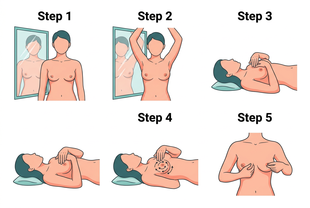 Breast self-examination technique illustration showing step-by-step guide for monthly self-checks