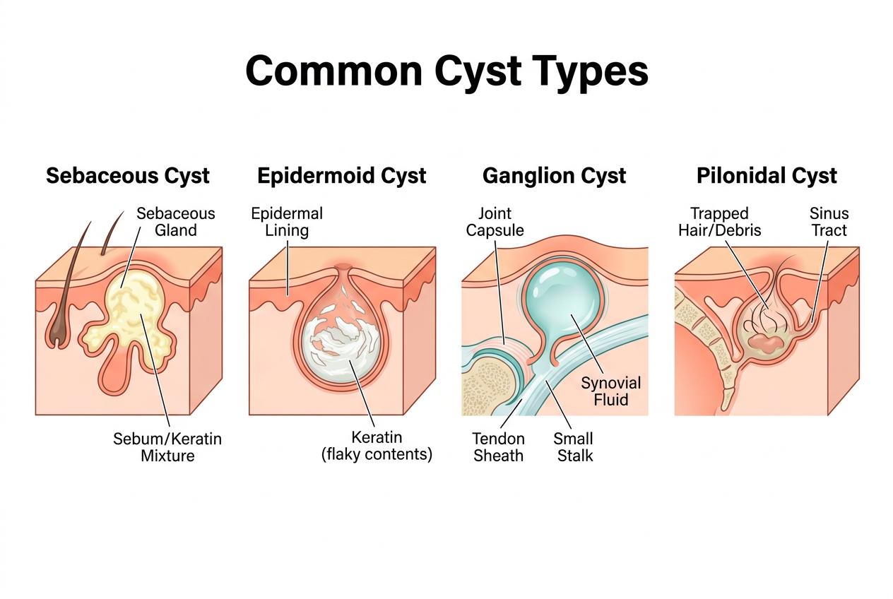 Diagram showing epidermoid, sebaceous, and ganglion cyst types with anatomical cross-sections