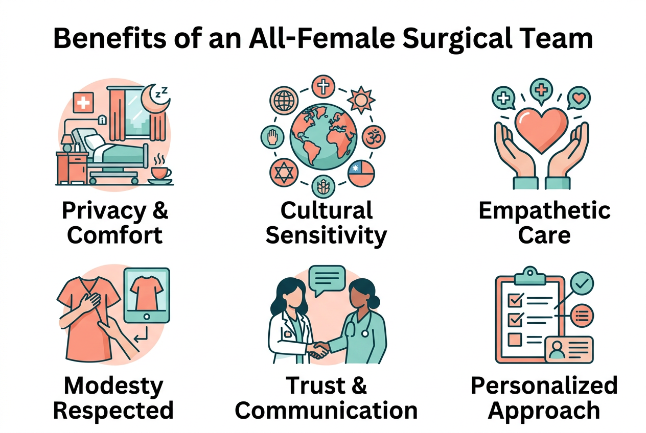 Infographic showing four key benefits of all-female surgical teams: privacy, comfort, cultural sensitivity, and expertise