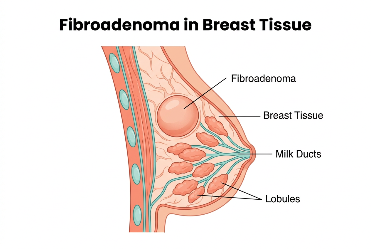 Diagram of fibroadenoma in the breast showing a smooth round benign tumor within breast tissue