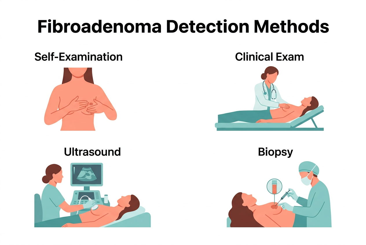 Clinical detection of breast lump illustration showing examination, ultrasound, and mammography procedures