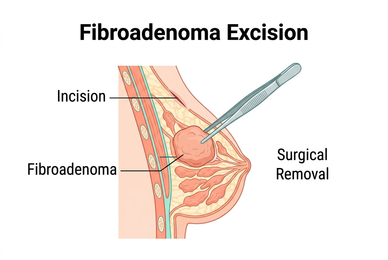 Minimally invasive fibroadenoma excision diagram showing step-by-step surgical removal procedure