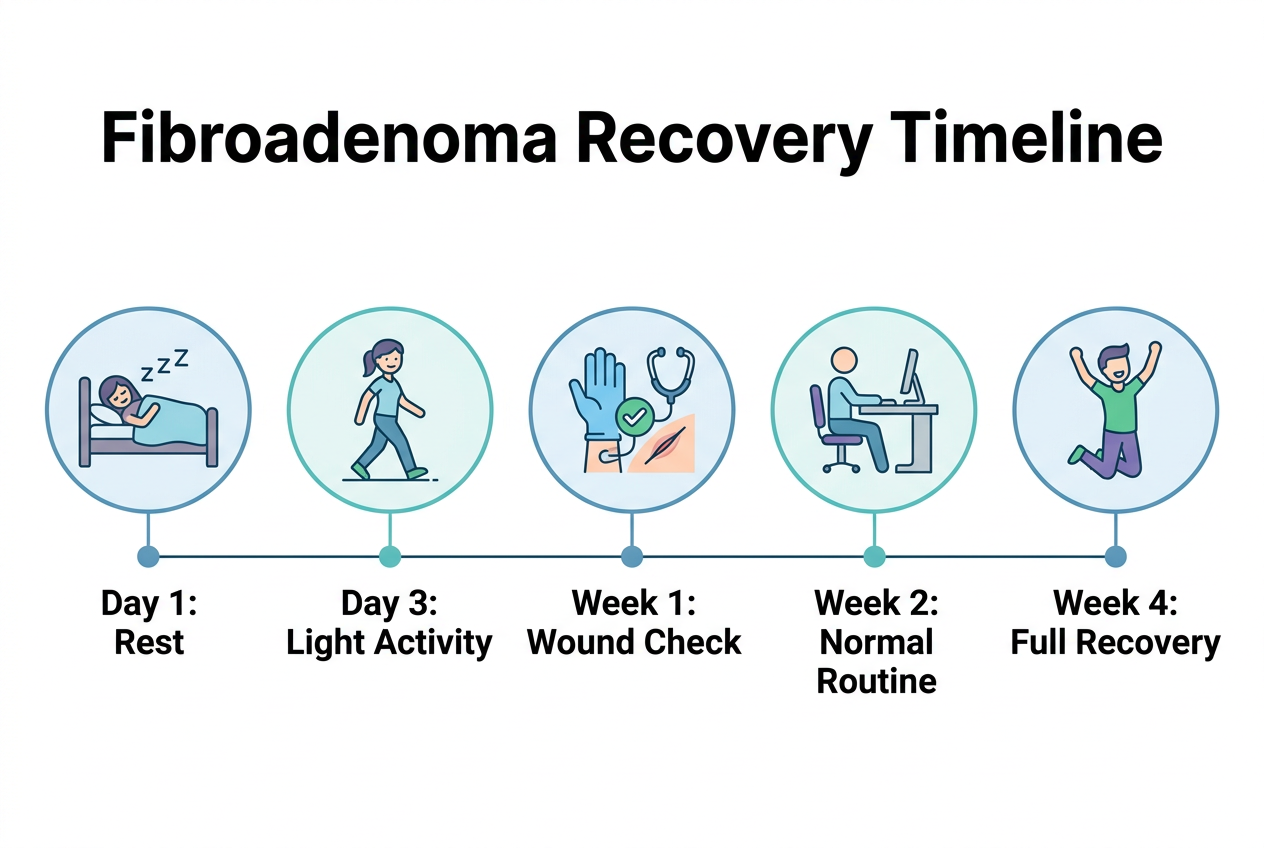 Post-surgery recovery care infographic showing timeline, wound care, activity restrictions, and follow-up schedule