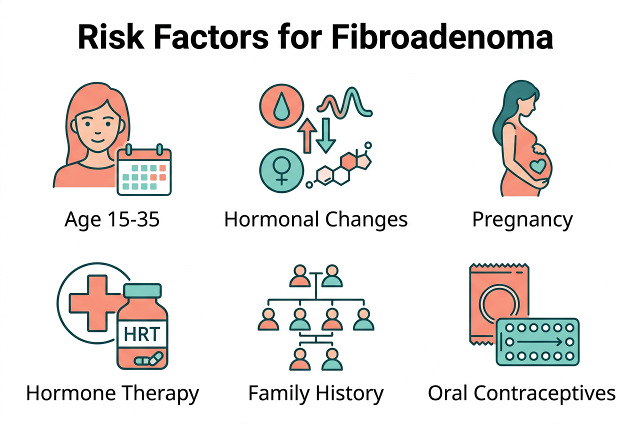 Risk factor illustration for fibroadenoma showing hormonal influences, family history, pregnancy, and lifestyle factors