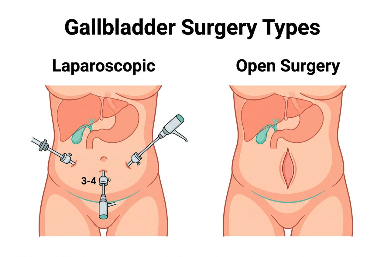 Comparison diagram of laparoscopic versus open gallbladder surgery showing incision sizes and recovery differences