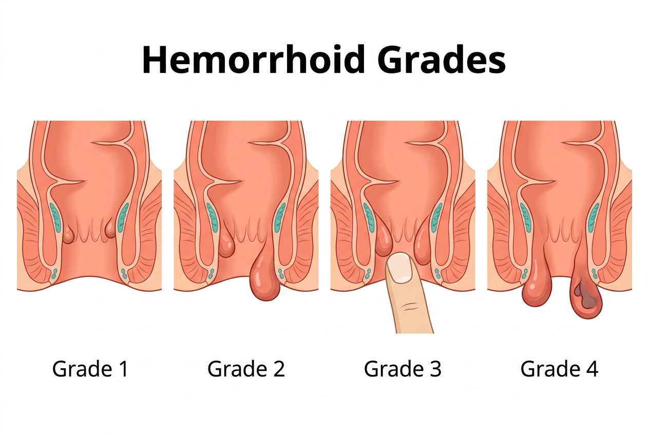 Diagram showing hemorrhoid grades I through IV suitable for laser treatment