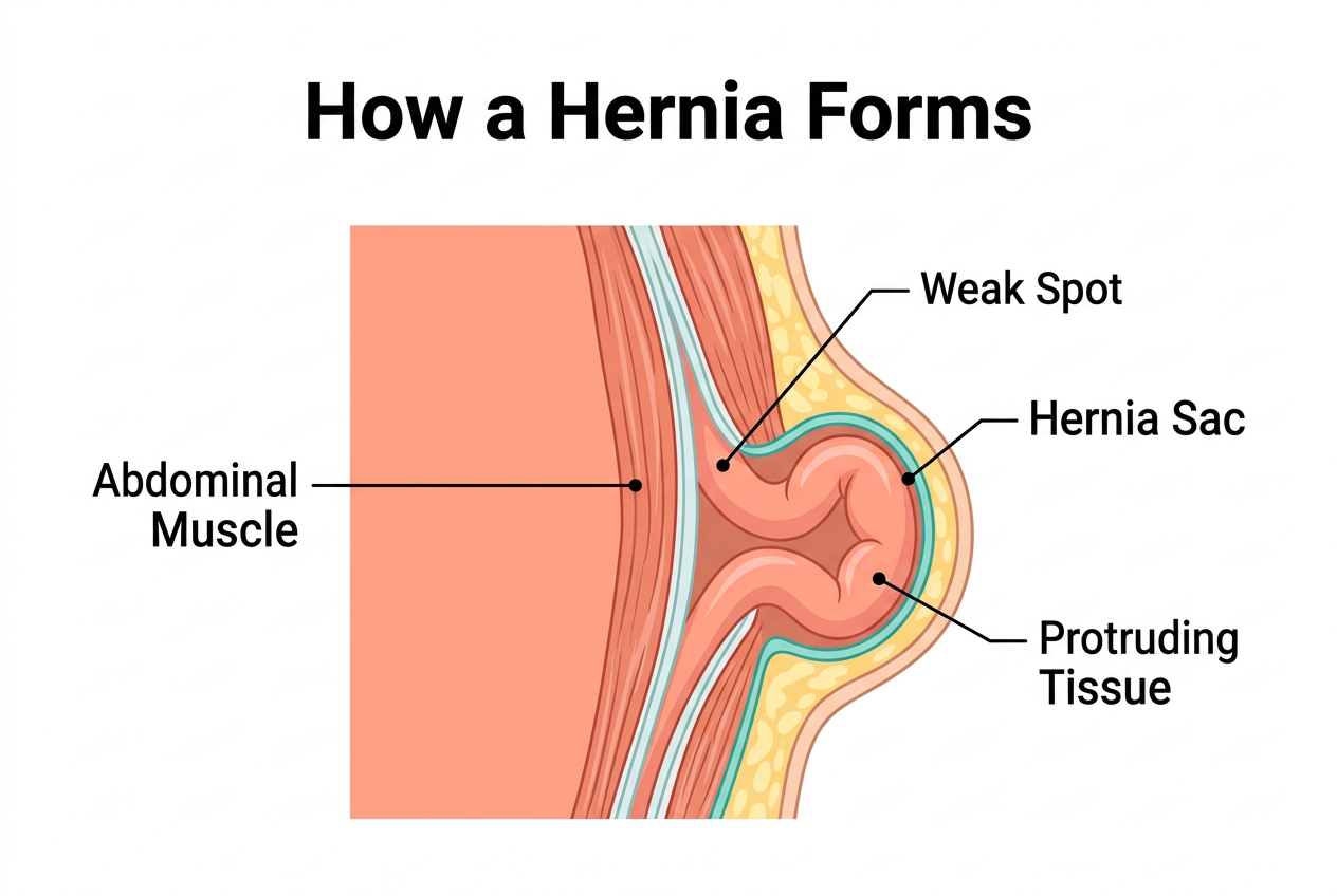 Anatomical diagram showing how a hernia forms through a weak spot in the abdominal wall