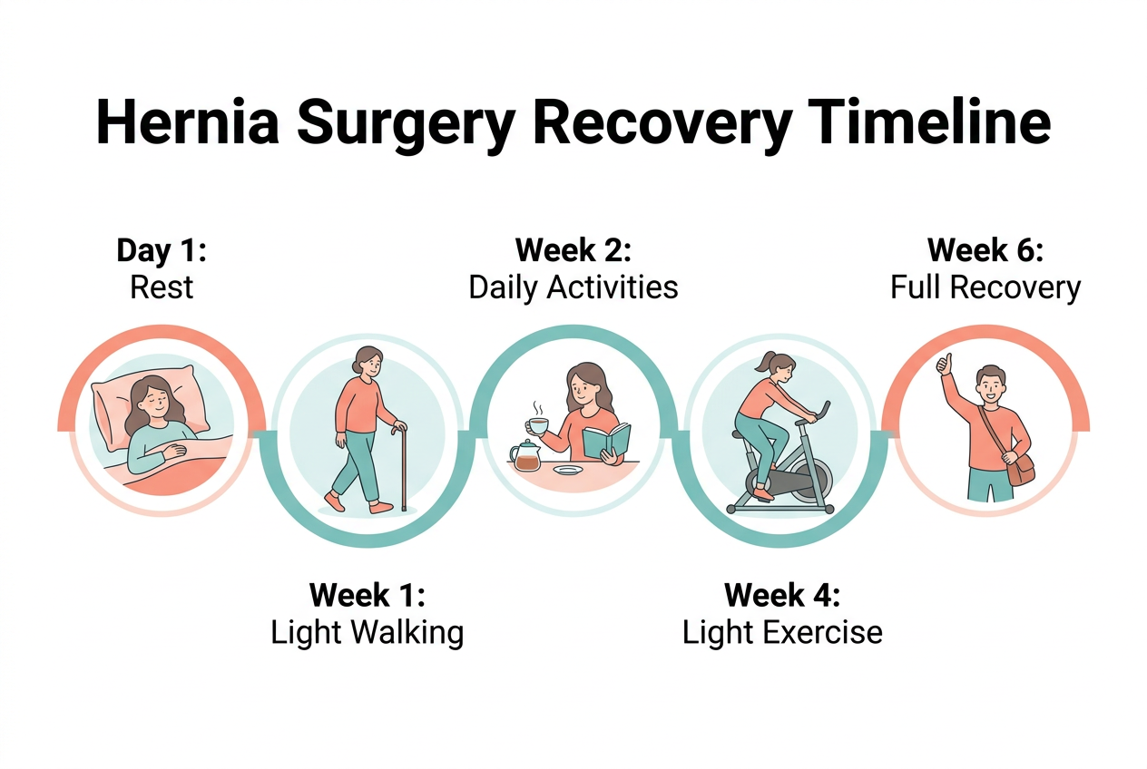 Post-hernia surgery recovery timeline infographic showing milestones from day 1 to week 6