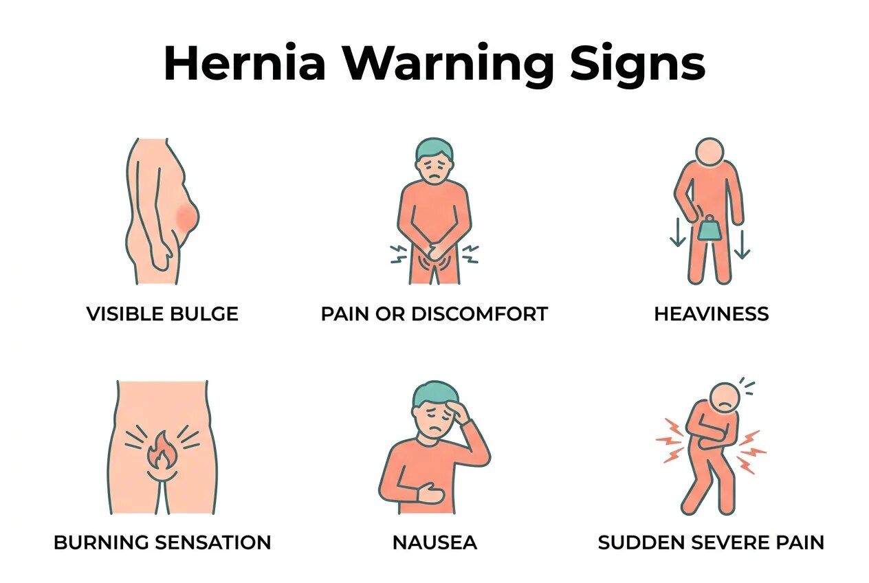 Infographic showing warning signs of hernia complications requiring emergency care