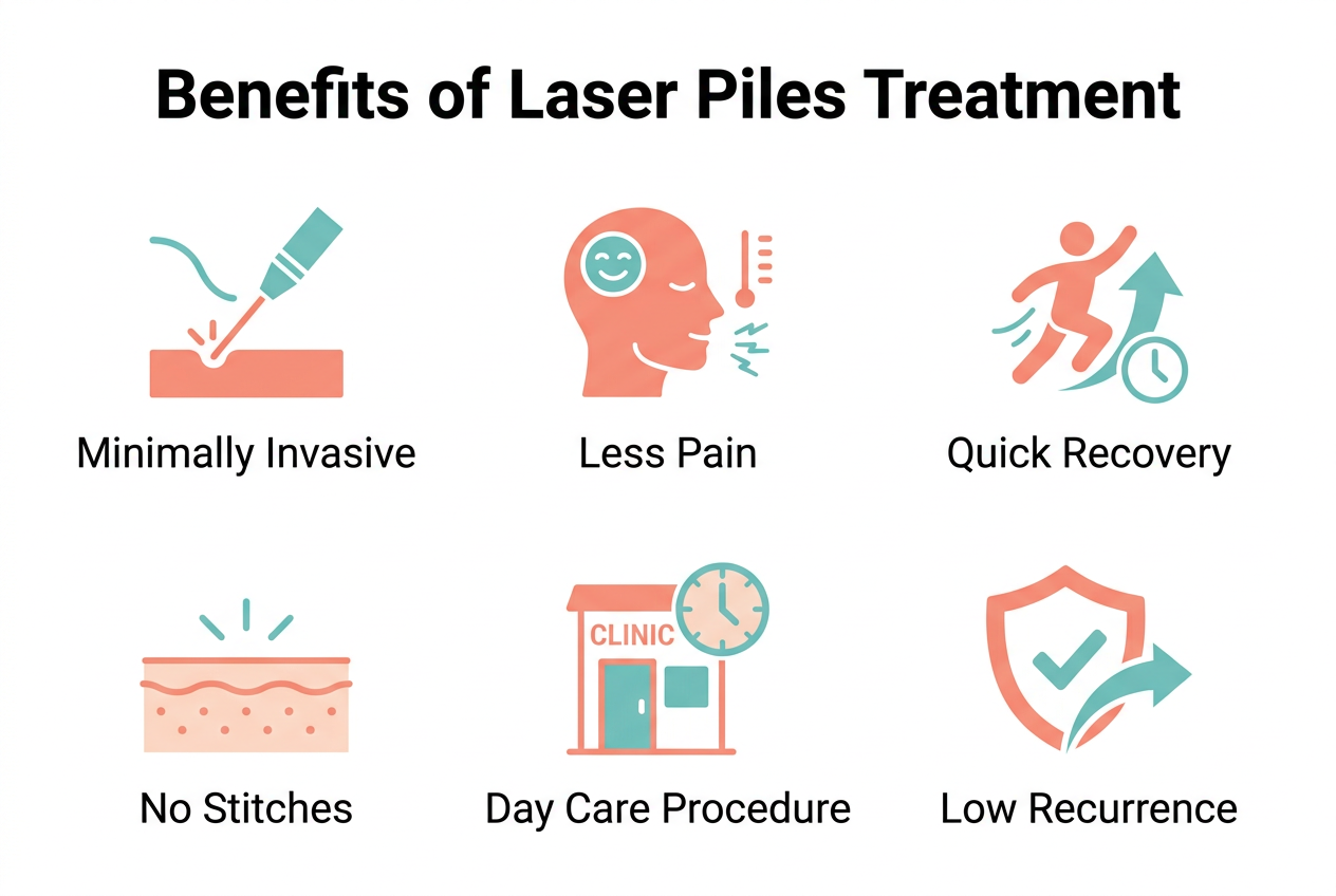 Infographic showing benefits of laser piles treatment including minimal pain, quick recovery, and reduced bleeding
