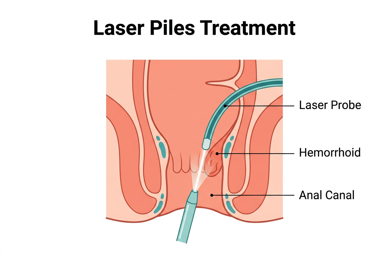 Laser hemorrhoid treatment procedure illustration showing laser fiber targeting hemorrhoidal tissue
