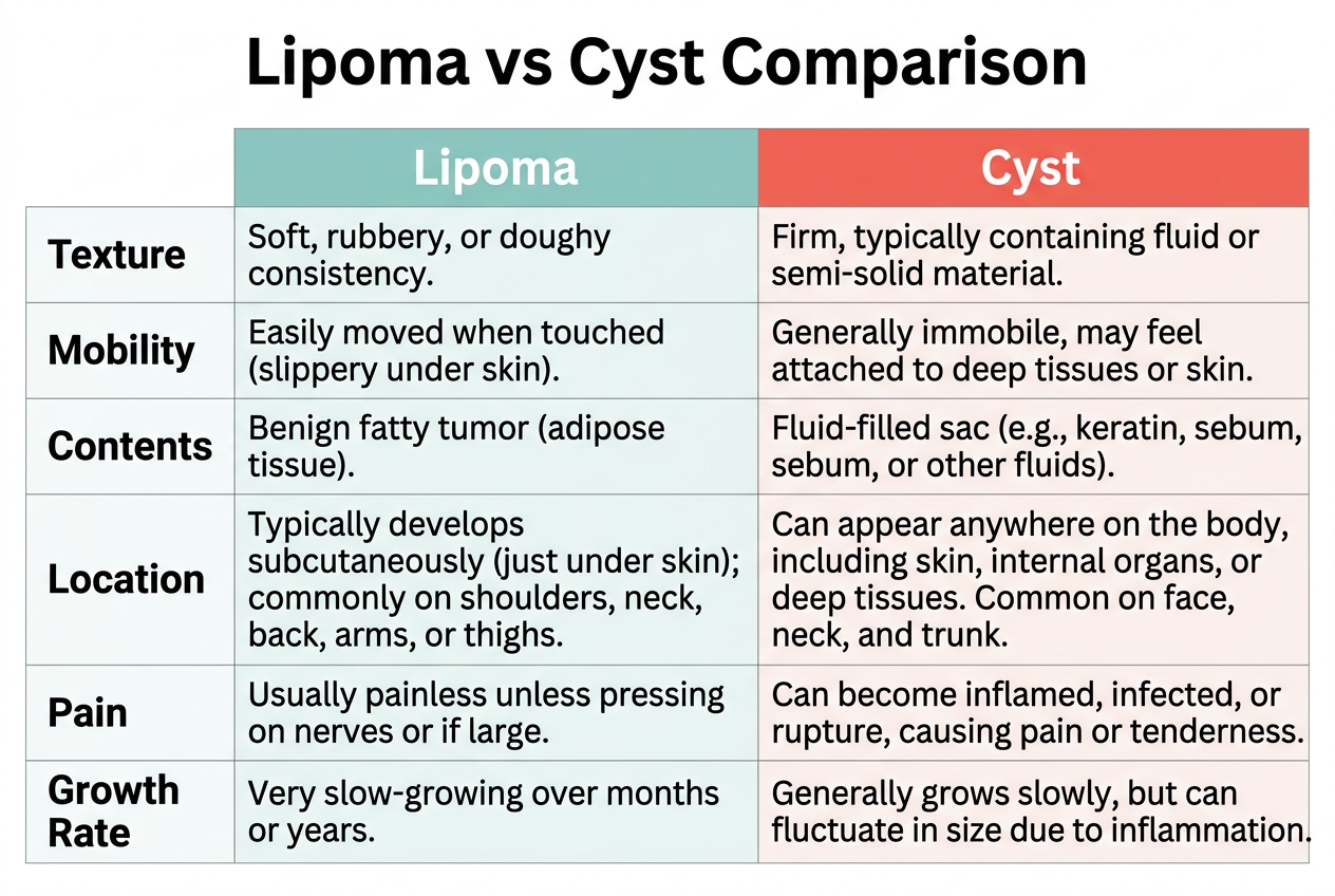Comparative chart of lipoma vs cyst showing key differences in composition, texture, pain, growth rate, and treatment