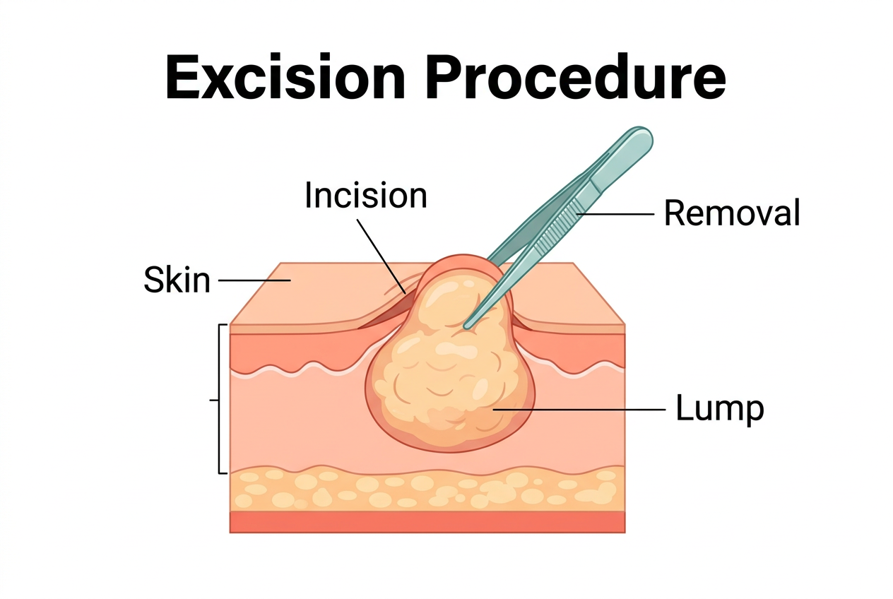 Surgical excision diagram showing minimally invasive lipoma and cyst removal technique