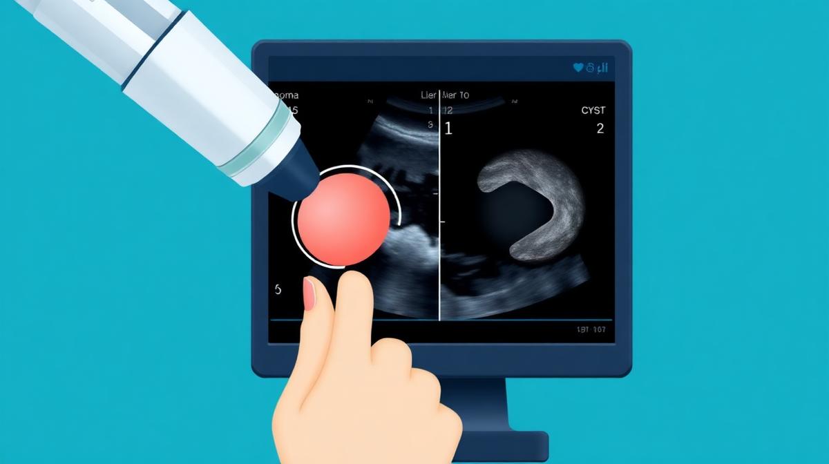Ultrasound comparison of lipoma (solid homogeneous mass) vs cyst (fluid-filled dark area)