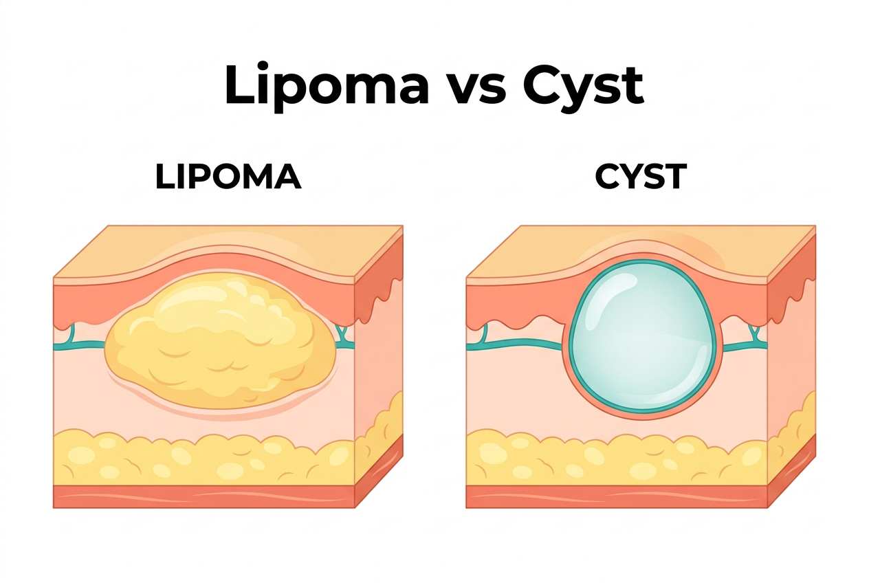 Diagram showing lipoma and cyst under the skin – cross-section comparison of fatty benign lump vs fluid-filled sac