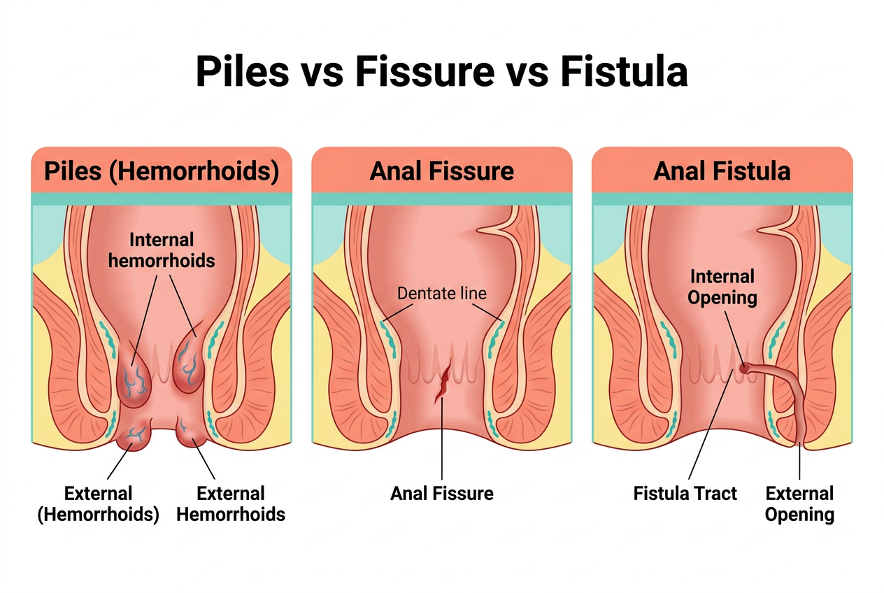 Diagram showing piles (hemorrhoids), anal fissure, and anal fistula comparison