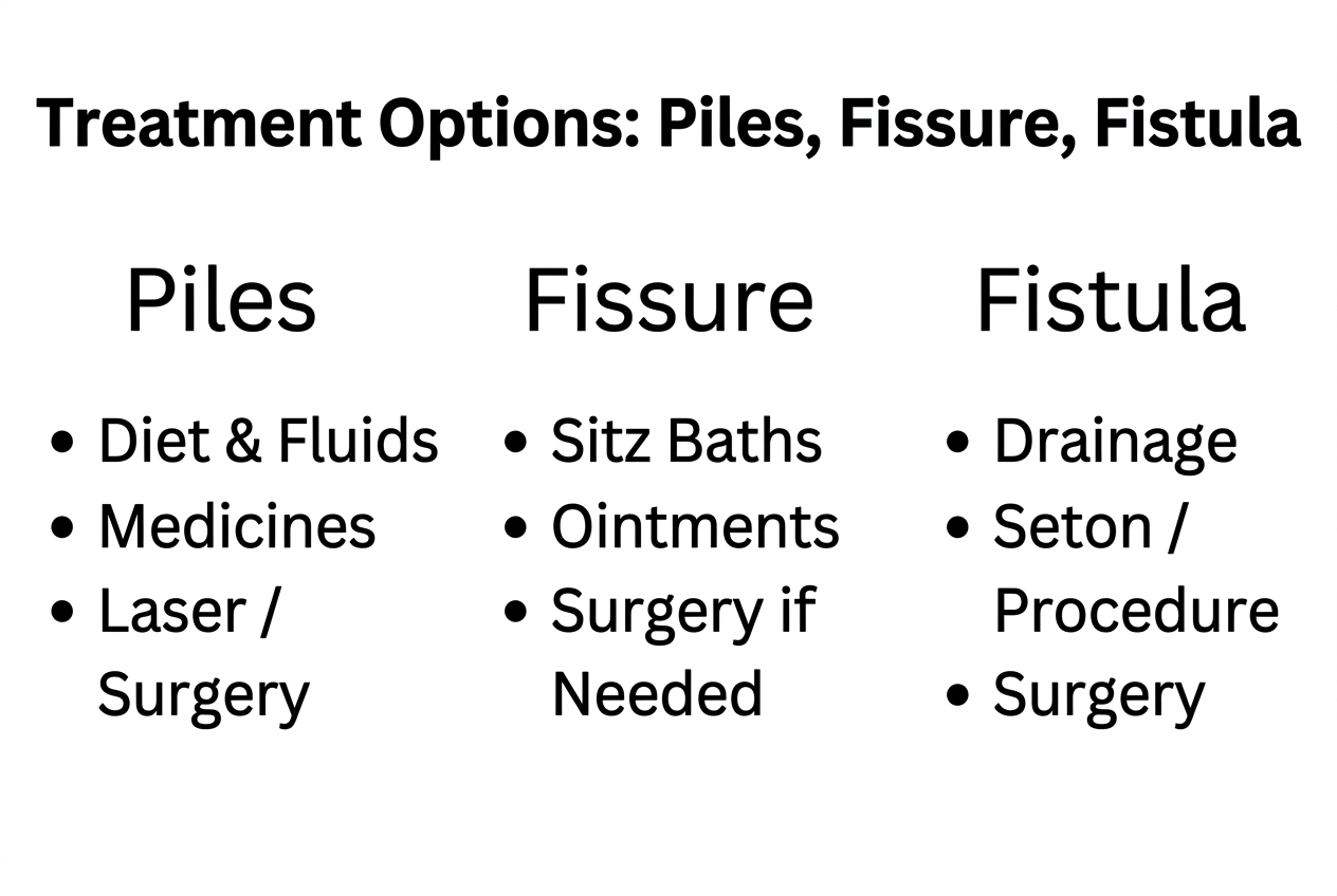 Treatment options diagram for piles, fissure, and fistula