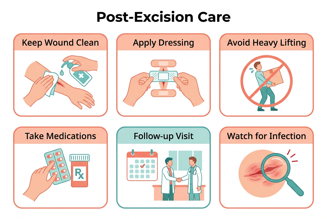 Post-excision care infographic showing wound care, activity restrictions, and follow-up steps