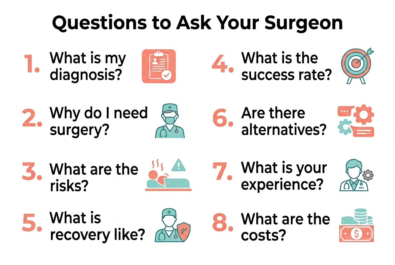 Infographic showing 5 key questions to ask your surgeon — diagnosis, surgery type, risks, recovery, and experience