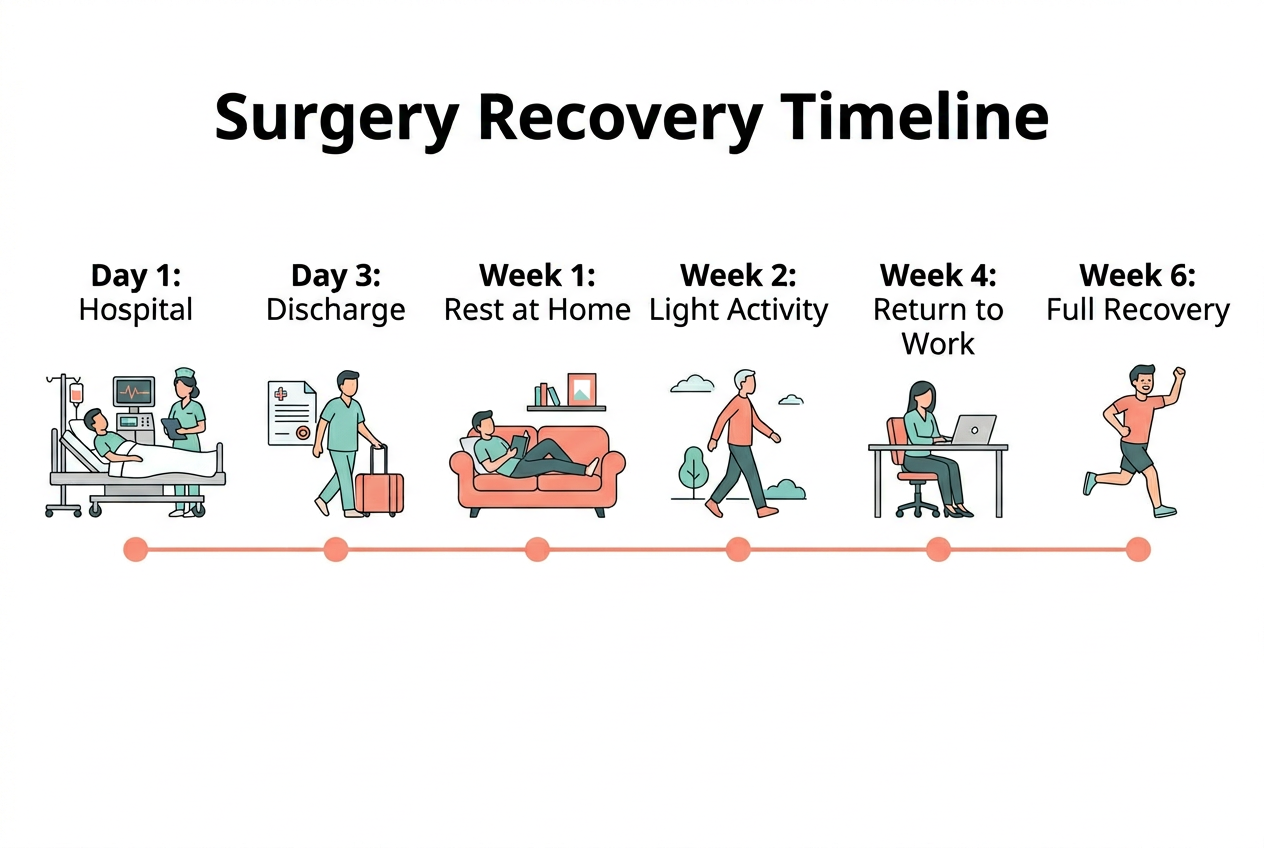 Surgery recovery timeline illustration — from hospital stay through healing to return to normal activities