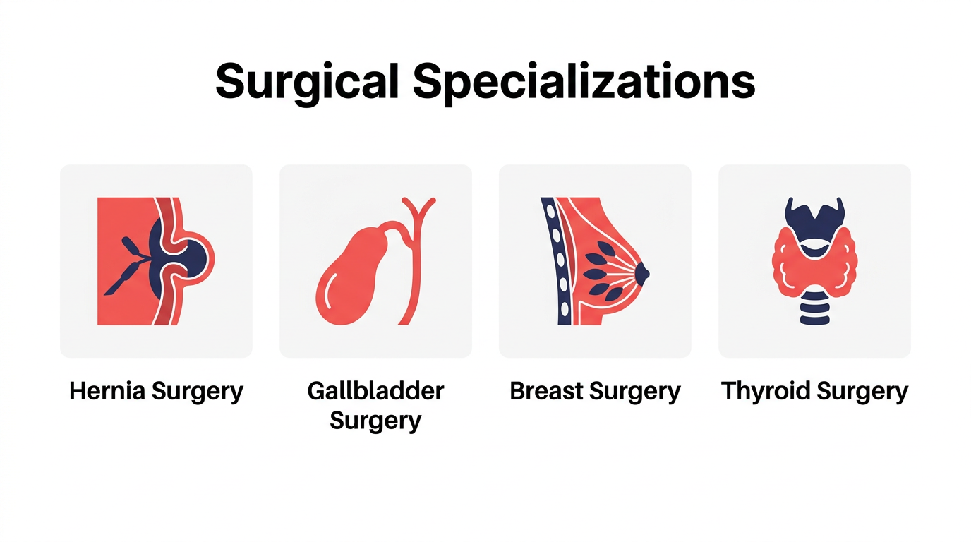 Surgical specializations overview — gallbladder, hernia, appendix, thyroid, breast, and proctology