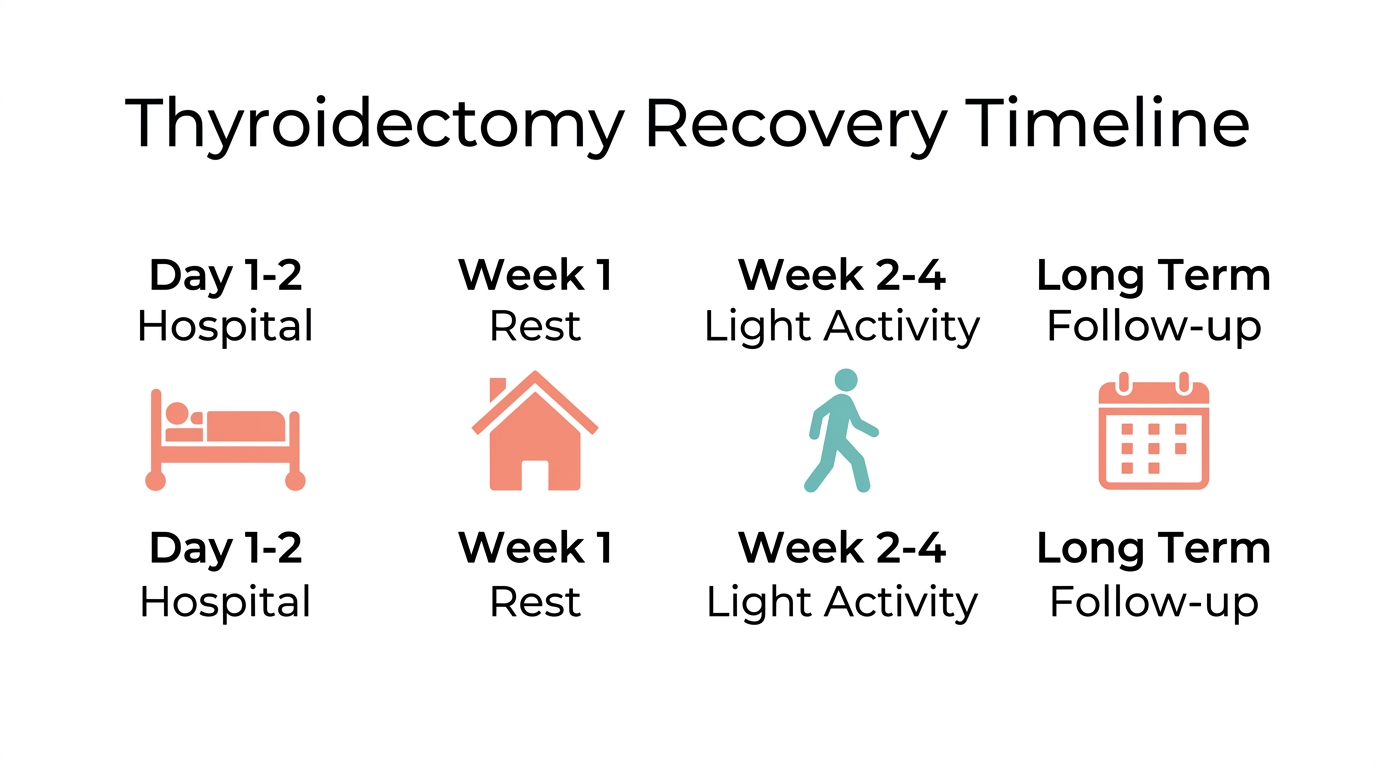 Thyroidectomy recovery timeline infographic — Day 1 hospital, Week 1 rest, Weeks 2–4 light activity, long-term follow-up